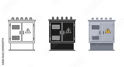 Vector illustration set of electrical control panel boxes, power distribution cabinets with warning signs, essential for industrial technology and energy systems