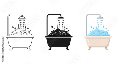Obraz na płótnie Three stylized bathtubs with bubbles and water flowing from a shower head, prese