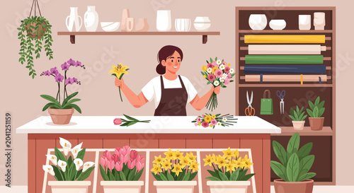 Schilderij op canvas Woman arranging flowers in florist shop, flower arrangement concept, interior ba