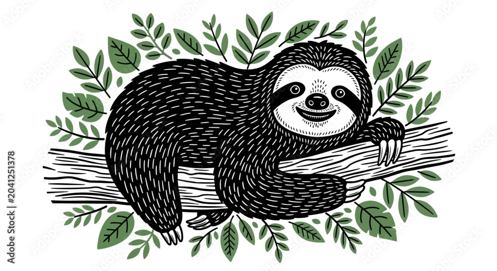 Obraz premium Smiling sloth hanging on tree branch, surrounded by leaves, cute animal illustration