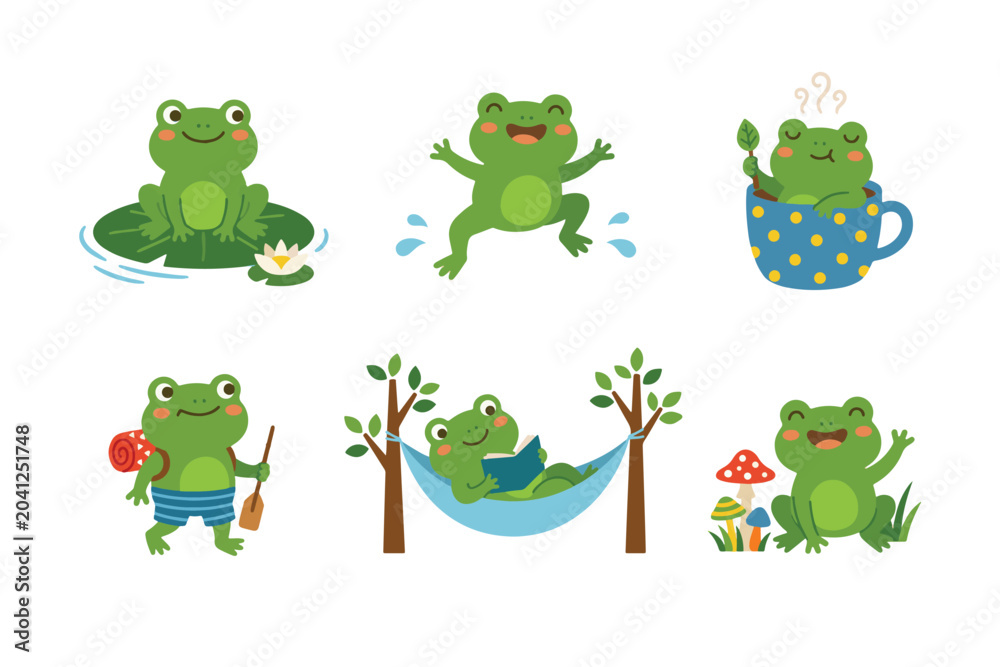 Fototapeta premium Cute frog element set camping and swimming cartoon illustration collection
