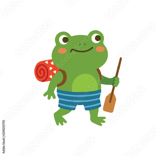 Cute camping frog character with backpack and paddle cartoon illustration