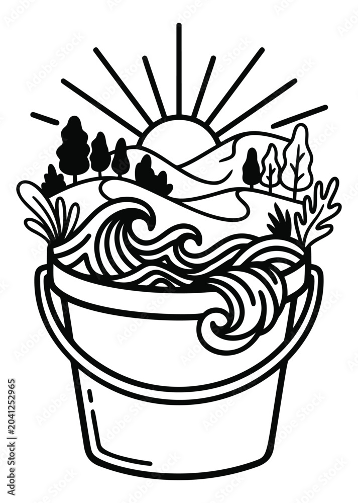 Obraz premium Line art illustration of a bucket depicting ocean waves landscape with sun trees and nature scenery for travel and adventure design
