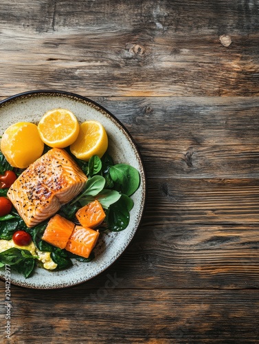 Delicious grilled salmon served with fresh spinach, cherry tomatoes, and lemon slices on a rustic wooden table