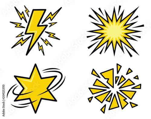 Cartoon icon set of 4 comic energy effects featuring lightning bolt, starburst explosion, spinning star and shatter burst for action design