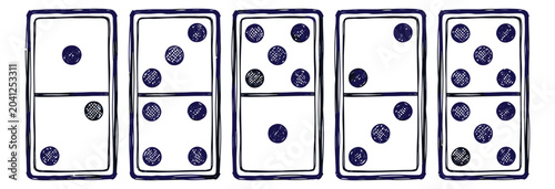Sketch icon set of 5 domino tiles featuring hand drawn pip patterns for game and education design
