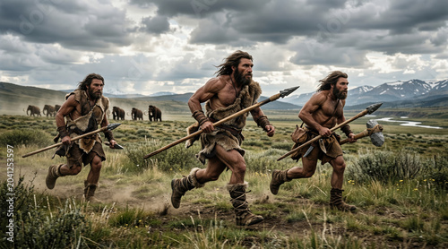 Anvient cavemen running with spears and stone hammer. Primitive hunters wearing animal skins chasing a herd of mammoths in a prehistoric wild landscape. Stone age survival concept