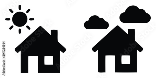 Bild auf Leinwand house silhouette with sun and clouds flat black and white building dwelling resi