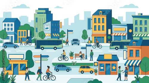 Vibrant City Life: People, Bikes, Cars, and Buildings in Urban Landscape