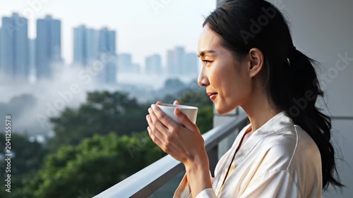 Asian woman enjoying warm drink on balcony overlooking city