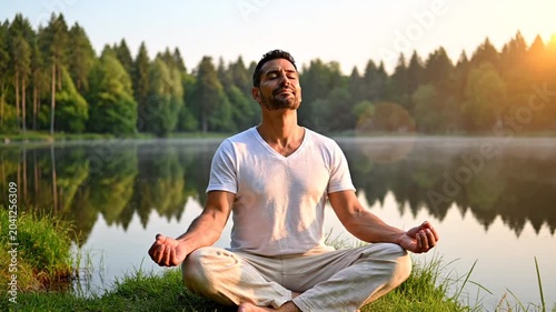 Meditating man sitting by calm lake in morning light