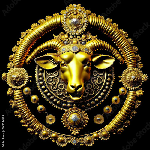 A round rosette is a shield, the size of a ram's head. Gothic architectural decoration. Baroque art. AI generated content.