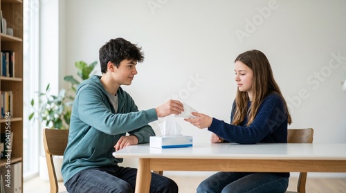 Teenagers sharing tissues while sitting at a table in modern home  