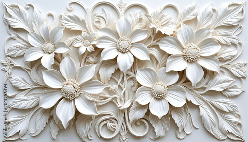 Bas-relief, white flowers on a white background. Floral decorative panel.