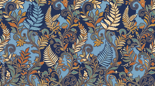 Foto Delicate botanical leaf pattern in blue and gold tones for textile design
