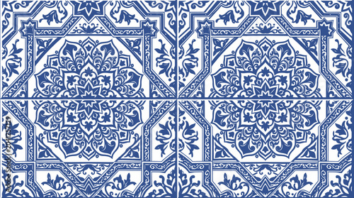 Foto Intricate blue and white geometric tile pattern with floral motifs for design
