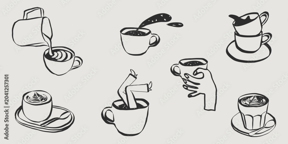 Obraz premium Playful doodle collection of coffee cups, espresso mugs and cafe icons. Cartoon hand drawn characters with retro charm for creative menu designs and quirky sticker projects