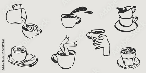 Fotografie Playful doodle collection of coffee cups, espresso mugs and cafe icons