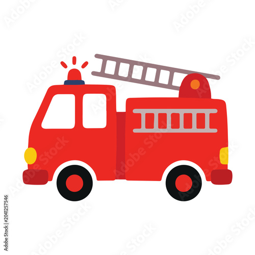 Cute cartoon red fire truck engine with ladder flat vector illustration