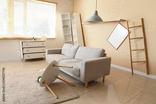 Fotografie Interior of messy living room with grey sofa, overturned shelving units and coff