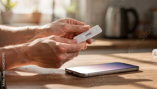 Hands holding a rapid genetic diagnostic cassette near a smartphone app with unmistakable test outcomes captured in a sunlit kitchen featuring shallow depth of field and authentic