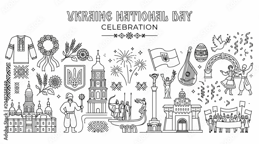 Obraz premium Hand drawn doodle set for Ukraine National Day celebration.
