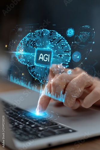 Artificial General Intelligence Concept with Human Interaction and Digital Brain.