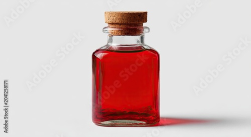 Small Square Glass Bottle Filled With Red Liquid and Cork Stopper.