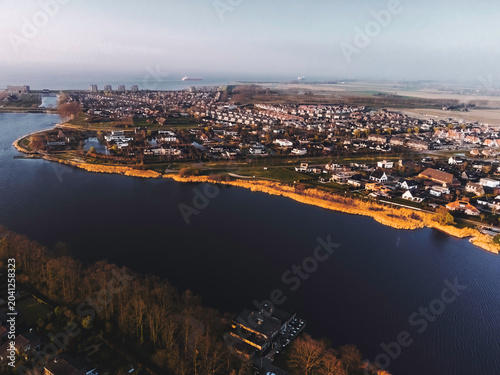 Dutch Village by the Water: Aerial View of a Town Along a Lake