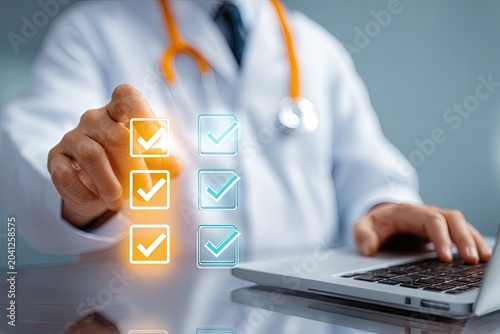 Doctor Checking Off Medical Checklist on Digital Interface with Laptop.