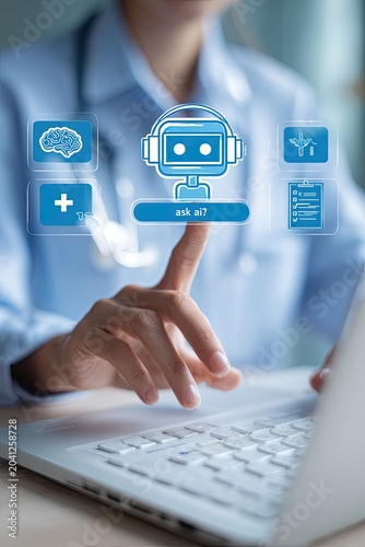 Doctor Interacting with AI Medical Technology Interface on Laptop.
