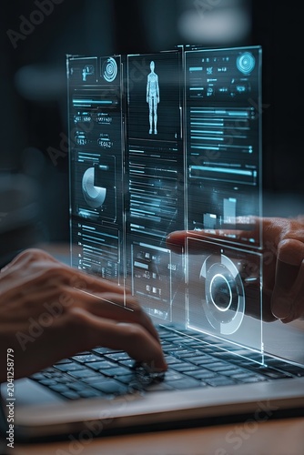 Futuristic Holographic Interface Displaying Medical Data Over Laptop.