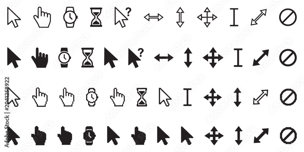 Naklejka premium Group of various computer cursors including arrow hand I beam hourglass and forbidden sign icons.