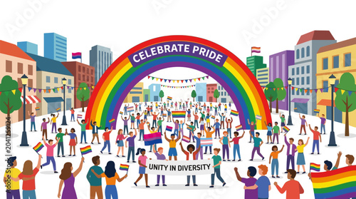 People Celebrating Pride with Rainbow Arch and Flags in City