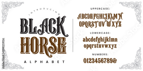 Black Horse western vintage serif decorative font with classic elegant floral border frame vector