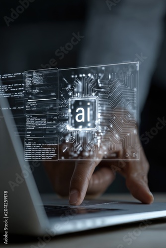 Artificial Intelligence Chip on a Laptop Keyboard with Code Overlay.