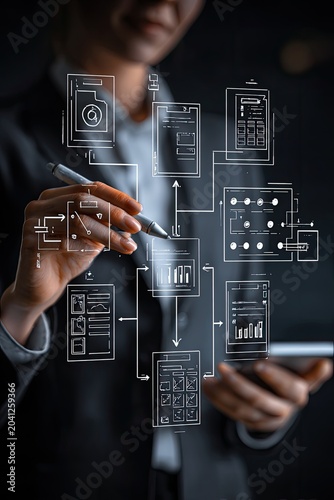 Business professional analyzing digital flowchart on a dark background.