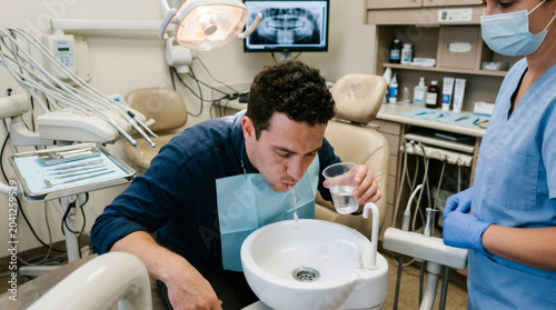 Man spitting water into dental sink while woman dentist stands nearby. Patient rinsing mouth after dental procedure in modern clinic. Professional oral healthcare and treatment concept.