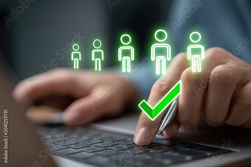Human Resources Selection Process with Digital Checklist and Candidate Icons.