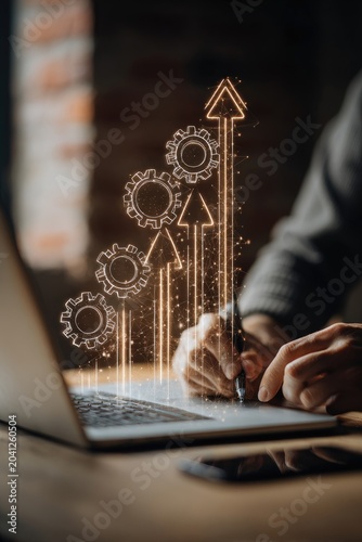 Business Growth and Success Illustrated by Upward Arrows and Gears.