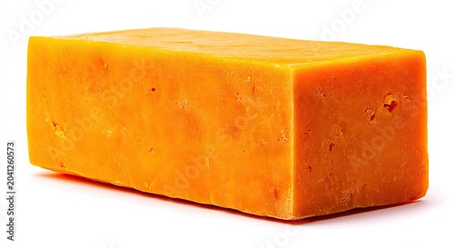 A Solid Block of Vibrant Orange Cheddar Cheese Isolated on White.