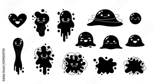 Vászonkép black cartoon characters, smiling faces, abstract shapes, vector illustrations,