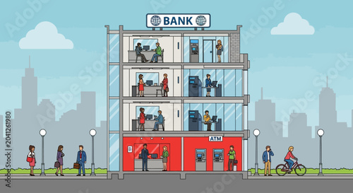 Foto Bank building with people inside and outside, city background, financial institu