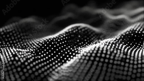 Abstract 3D wave pattern formed by glowing dots, representing data visualization or sound waves in a dark, futuristic setting