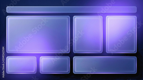 Abstract grid layout of blank translucent glassmorphism cards over soft colored digital studio.