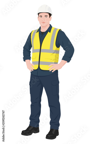 Confident male construction worker in hard hat and safety vest with hands on hips. Male builder in white safety helmet and high visibility vest, full body vector illustration isolated on white