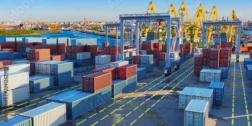 Seaport logistics. Container cranes move shipping containers across industrial cargo terminal for global freight transport