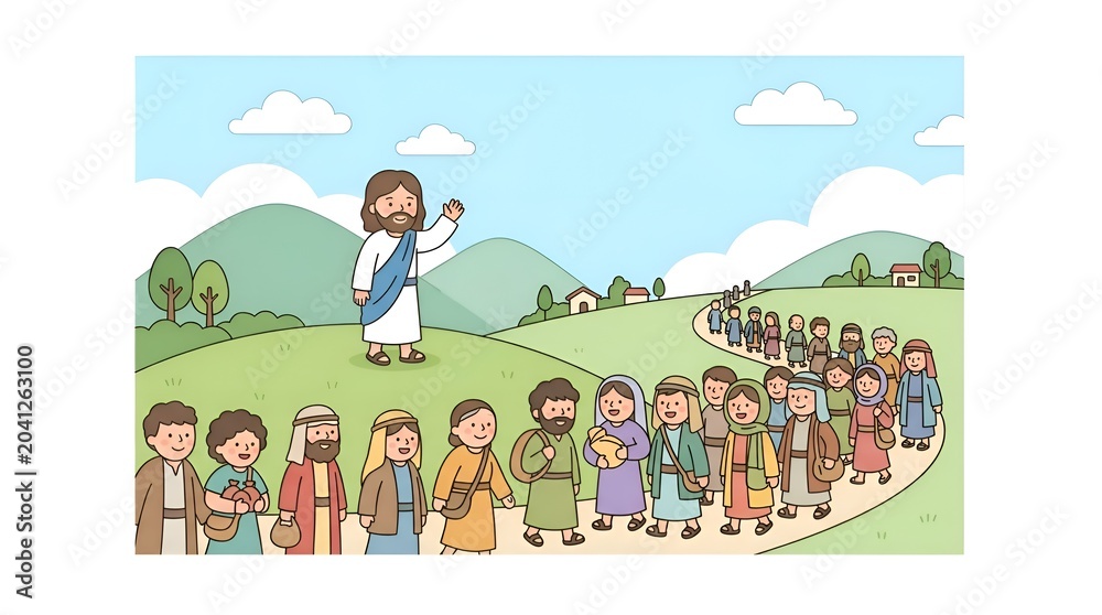 Fototapeta premium Cartoon illustration of a man in robes waving to a large group of people walking along a winding path in a green hilly landscape under a blue sky