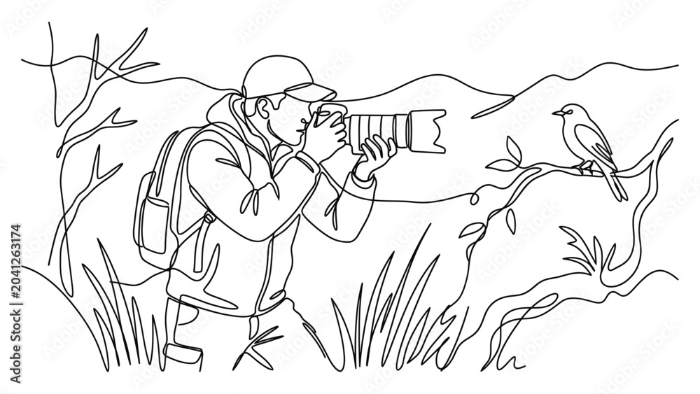 Obraz premium Man taking photo of bird outdoors.