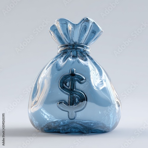 Transparent Blue Glass Money Bag with Dollar Symbol.